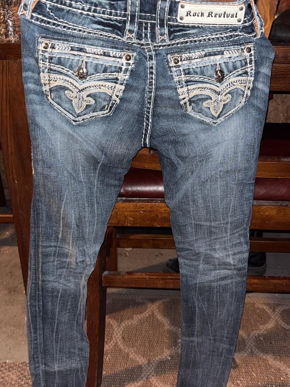 Rock Revival Women Skinny Jeans in Distressed Blue with White Stitching